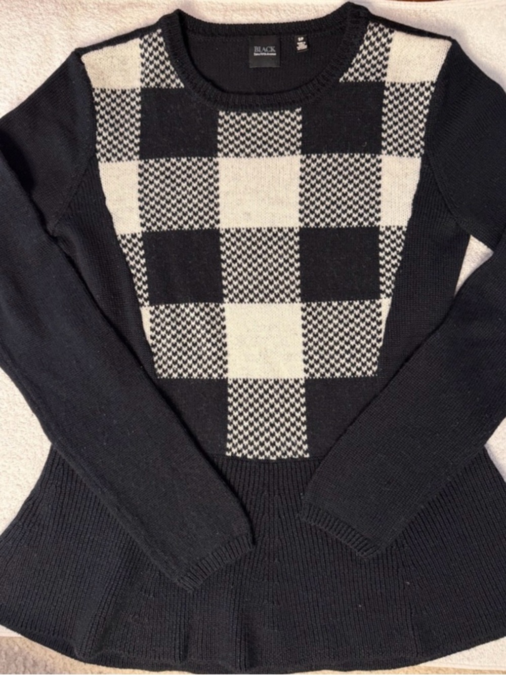 Saks Fifth Avenue Black Label Buffalo Check Wool Blend Crewneck Peplum Sweater